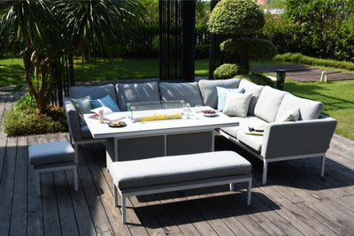 Maze Pulse Left Handed Rectangular Corner Dining Set with Fire Pit Table In Weatherproof Fabric