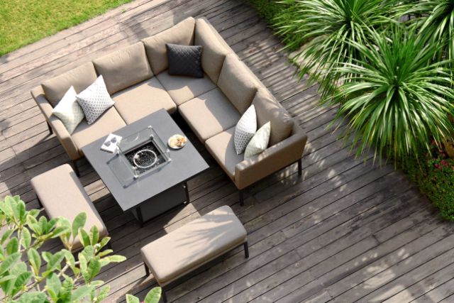 Maze Rattan Pulse Square Corner Dining Set with Fire Pit In Weatherproof Fabric