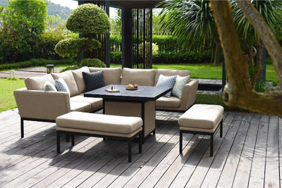 Maze Rattan Pulse Square Corner Dining Set with Fire Pit In Weatherproof Fabric