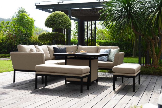 Maze Rattan Pulse Square Corner Dining Set with Fire Pit In Weatherproof Fabric