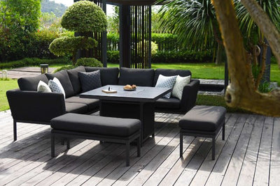 Maze Rattan Pulse Square Corner Dining Set with Fire Pit In Weatherproof Fabric