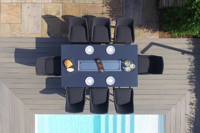 Maze Rattan Regal 8 Seat Rectangular Bar Set with Fire Pit in Weatherproof Fabric
