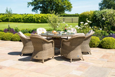 Winchester 6 Seat Round Fire Pit Dining Set with Heritage Chairs and Lazy Susan by Maze Rattan - Gardenbox