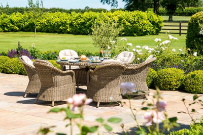 Winchester 6 Seat Round Fire Pit Dining Set with Heritage Chairs and Lazy Susan by Maze Rattan - Gardenbox