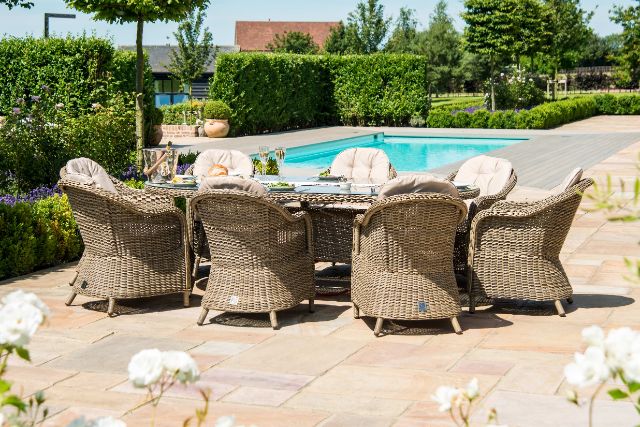 Winchester 8 Seat Oval Fire Pit Dining Set with Heritage Chairs by Maze Rattan - Gardenbox