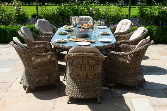 Winchester 8 Seat Oval Fire Pit Dining Set with Heritage Chairs by Maze Rattan - Gardenbox