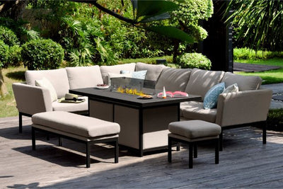 Maze Rattan Pulse Rectangular Corner Dining Set with Fire Pit In Weatherproof Fabric