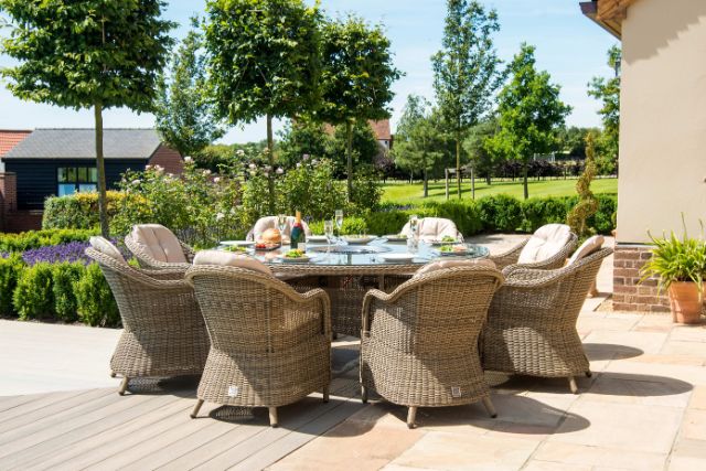 Winchester 8 Seat Round Fire Pit Dining Set with Heritage Chairs and Lazy Susan by Maze Rattan - Gardenbox